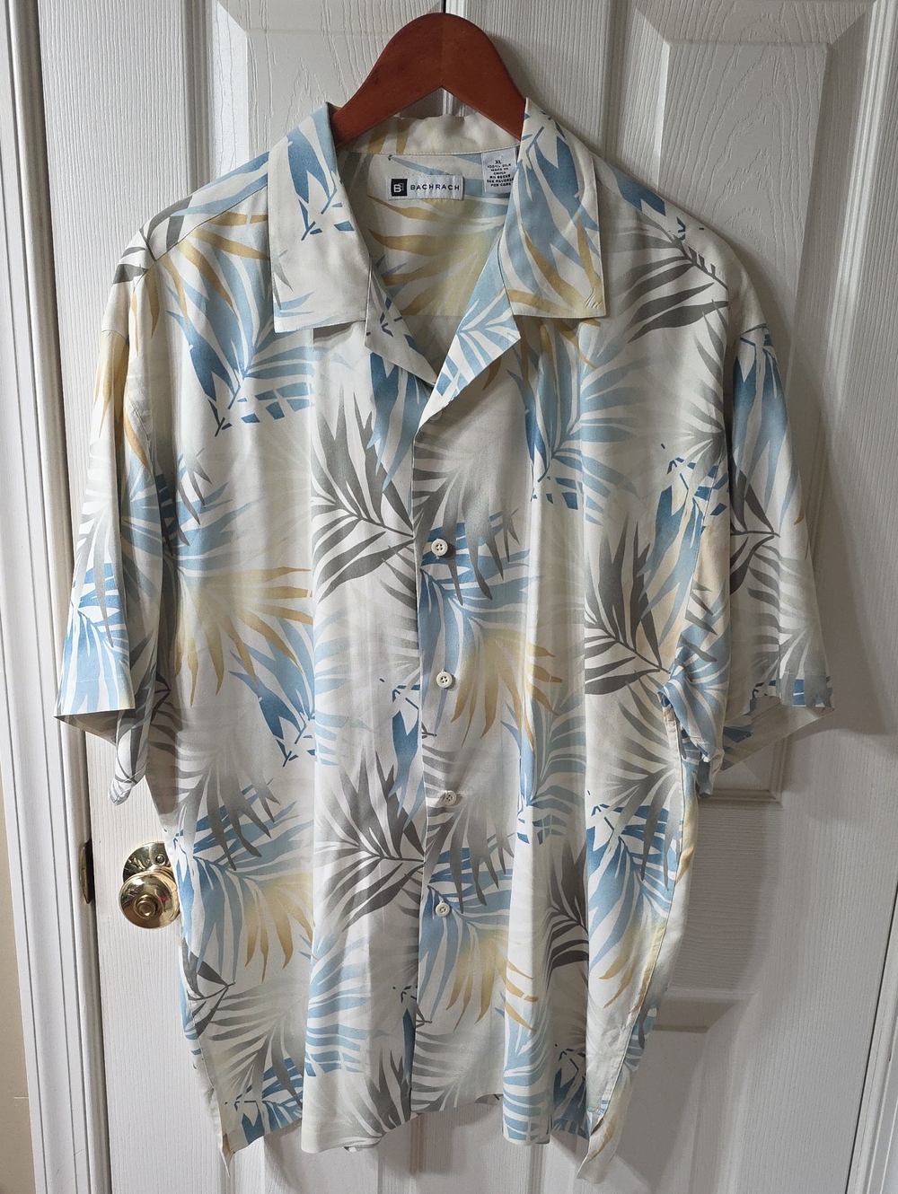 Bachrach 100% Silk Short Sleeve Tropical Palm Leaf Button-Up Shirt XL